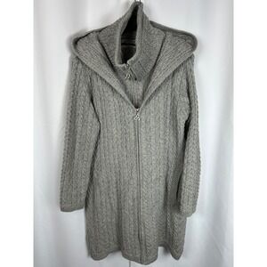 Aran Crafts Hooded Zip Coat Grey Merino Wool‎ Cable Knit Longline Sweater Medium